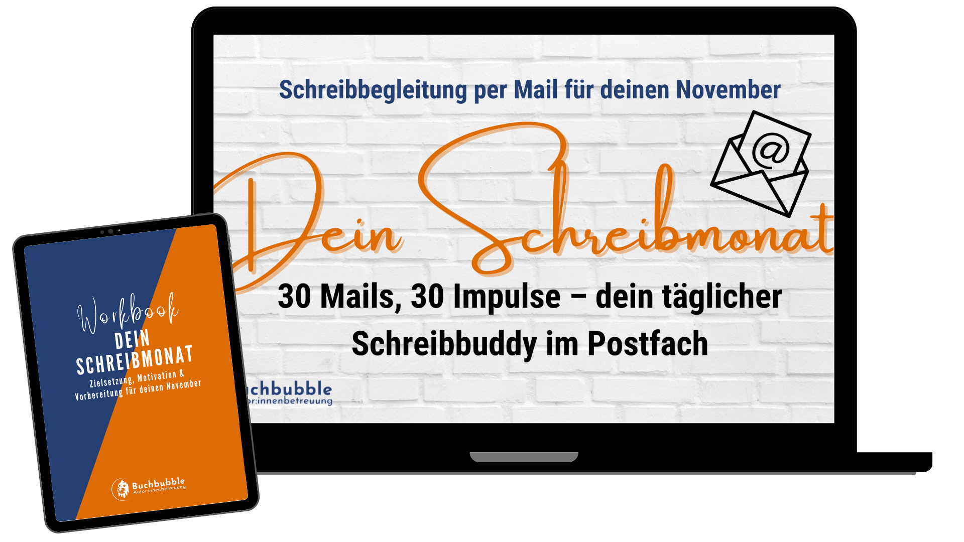 Schreibmonat Mockup für die Email-Schreibbegleitung für den November. 30 Tage, 30 Impulse, dein Schreibbuddy für das Postfach.<br />
Zusätzlich das ergänzende Workbook zur Zielsetzung vorab