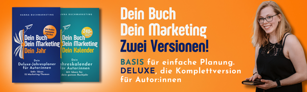 Der flexible Jahresplaner für Autor:innen in der Basis-Version (mit 240+ Content-Ideen, die wirklich Leser:innen erreichen) und der Deluxe-Version mit zusätzlich 12 Marketing-Themen über das gesamte Jahr verteilt. Du kannst jederzeit starten. Hanna Buchmarketing zeigt mit dem Finger auf die Worte: Mein Buch. "Mein Marketing. Jetzt vorbestellen." Der Planer erscheint noch im Oktober.
