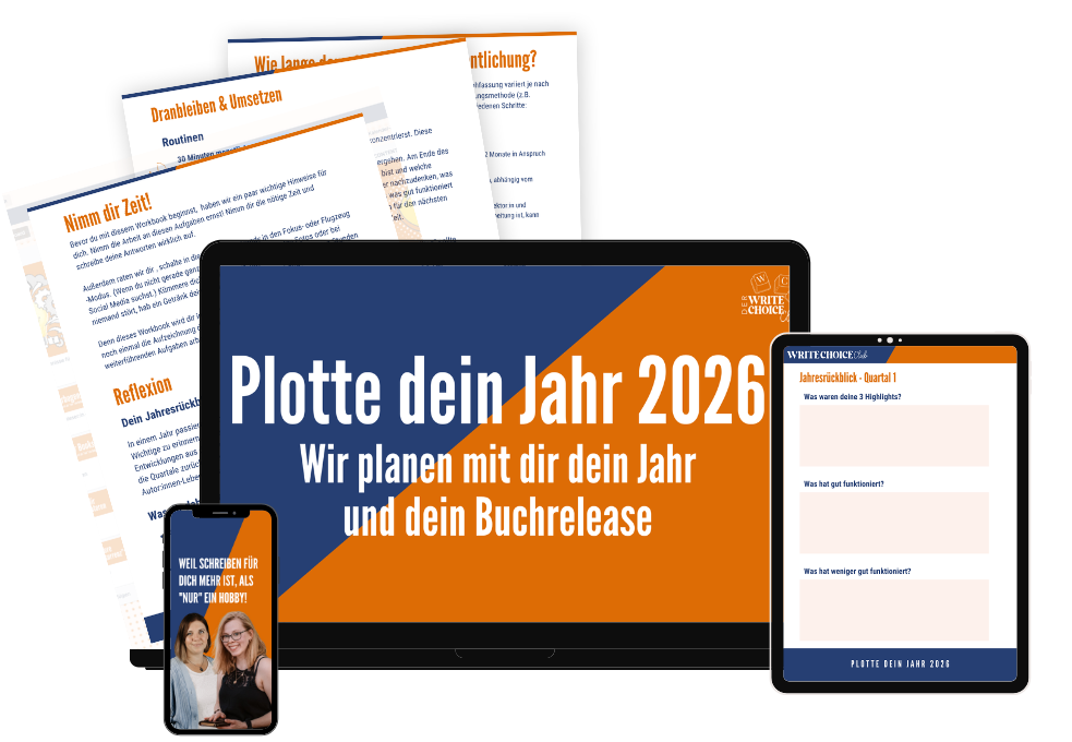 Workshop für Autor:innen: Buchprojekt & Schreibjahr 2026 planen Mock-up zur Workshop-Reihe "Plotte dein Jahr 2026": Plane dein Schreibjahr 2026 mit System: In 5 Sessions entwickelst du realistische Ziele, klare Buchprojekt-Struktur & ein Zeitmanagement, das zu deinem Alltag passt. Ohne Druck – aber mit Plan.