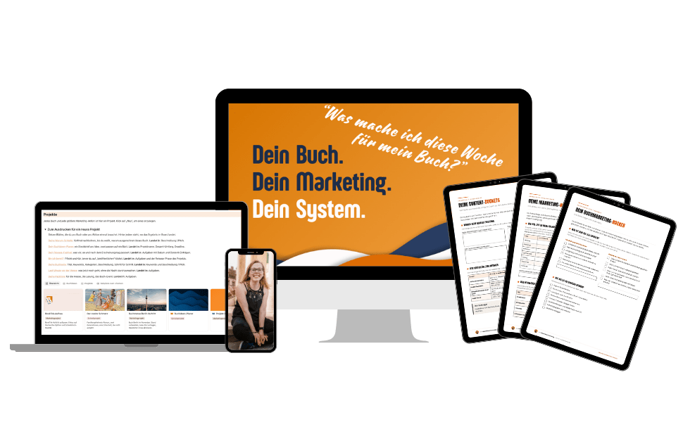 Mock-ups quer (7) Schreiben und Buchmarketing in einem System: der Notion-Planer für Autor:innen. Projekte, Content, Ziele, Keywords, über 500 Impulse. Dein Buch. Dein Marketing. Dein System.